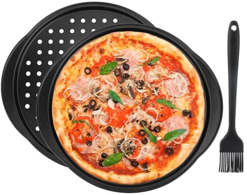 BlueEour 2 Pack Pizza Tray, 12 inch Non Stick Pizza Pans for Oven, Carbon Steel Pizza Pan with Extra Large Handle, Pizza Baking Set with Oil Brush for Home Kitchen Oven (Black)
