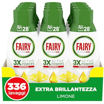 Fairy Platinum Detersivo Lavastoviglie Liquido, Gel Lavastoviglie, 336 Lavaggi, Confezione Da 12 Bottiglie, Extra Brillantezza, Profumo Di Limone