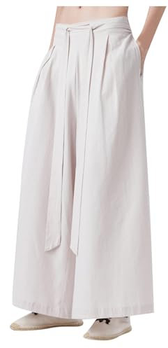 Duohropke Hakama Kung Fu Pantalon Chinoise en Soie Glace pour Homme avec Ourlet Large Wushu Kimono, Blanc., XXXXL