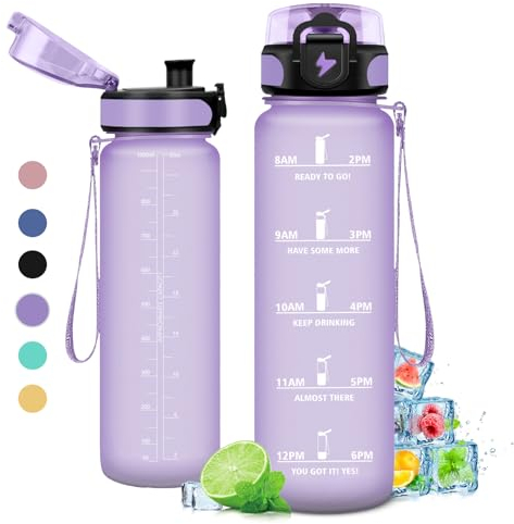 Gourde 1L, Gourde Sport, Étanche et Réutilisable, Bouteille d'eau 1 Litre avec Marqueur de Temps et Filtre, Bouteille pour Adulte, l'école, Cyclisme, Voyage, Camping, Fitness, Yoga, Bureau, Gym