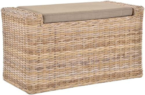 Wäschesortierer mit Sitzbank aus echtem Rattan/Wäschesammler mit 3 Fächern (Grau Natur)