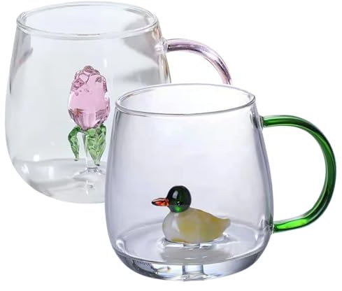 Tasses à café, tasse mignonne avec animal 3D à l'intérieur de 2 pcs 400 ml en verre tasse de café avec poignée 3d animaux à boire des verres de cartonnette en verre tasse de thé pour le jus de thé à