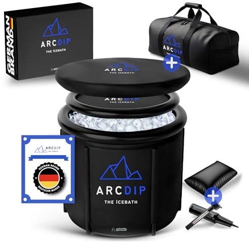 poolomio Arcdip Eisbad Premium Eistonne (Ø 80cm) für Zuhause und Outdoor 350 L Eisfass Tonne für Eisbaden und Kältetherapie Set mit Isolierabdeckung, Thermometer und Tragetasche