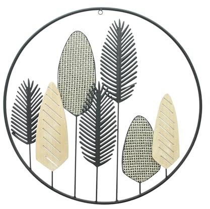 FRANK FLECHTWAREN Wanddeko Blättermix, Metall, Mattschwarz, Holz, weiß gekalkt Maße: Ø 56 cm