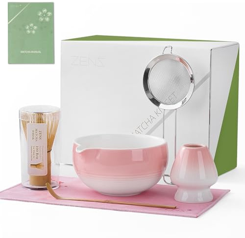 ZENS Matcha Set Pink, 6pcs Japanese Matcha Kit, Ceramic Matcha Making Set with Bamboo Whisk and Bowl & (Chasen Holder) Scoop, Sifter, Scoop -Tea Towel, Gift for Matcha Latte Lover