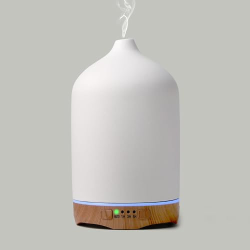Foyucool Umidificatore in Ceramica, 250 ml Diffusore Ambiente, 7 Colori di Luce e 2 Modalità di Spruzzo, Temporizzazione 1/3/5H e Auto-Off Senza Acqua, Umidificatore per Ambiente Piante, Bianco
