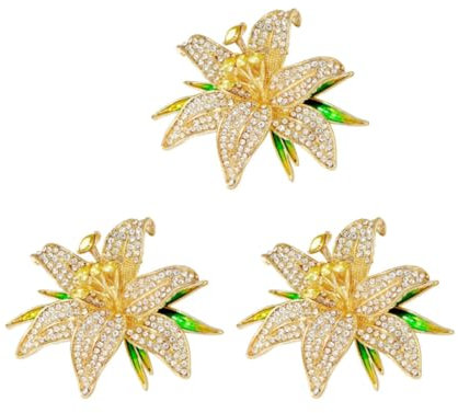 Set di 3 spille scintillanti a forma di giglio intarsiato con diamanti incastonati a forma di fiore di giglio, Misura unica, Acciaio inossidabile