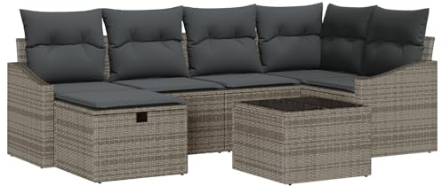 vidaXL 7-teiliges Garten-Sofa-Set mit Kissen in Grau aus Poly Rattan. Ideal zum entspannten Loungen und Relaxen. Perfekte Gartenmöbel für Deine Terrasse. Modular und wetterfest für den Hinterhof.