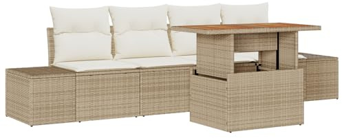 vidaXL Garten-Sofa-Set mit Speicher 5 pcs Beige Poly Rattan, Garten- und Terrassenmöbel, modernes Lounge-Set, wetterfestes Sofa, vielseitige Sitzmöglichkeiten, platzsparend