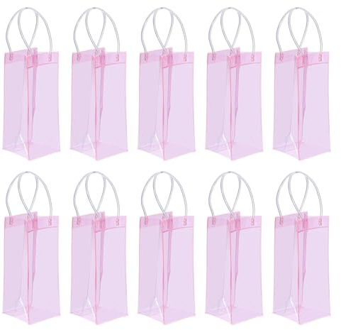 PATIKIL Ice Wine Bag, 10 Pcs Portable Collapsible Clear Wine Pouch Cooler Clear PVC Gift Bags with Handles for Champagne Party Outdoor Cold Beer White Wine Chilled Beverages, Pink