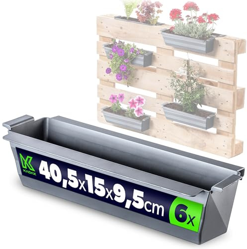 KADAX Set di 6 fioriere per pallet con sistema sospeso, 37 x 9 cm, argento, per piantare e decorare come fioriera da balcone, fioriera per pallet europei, inserto per vaso di fiori e vaso in giardini