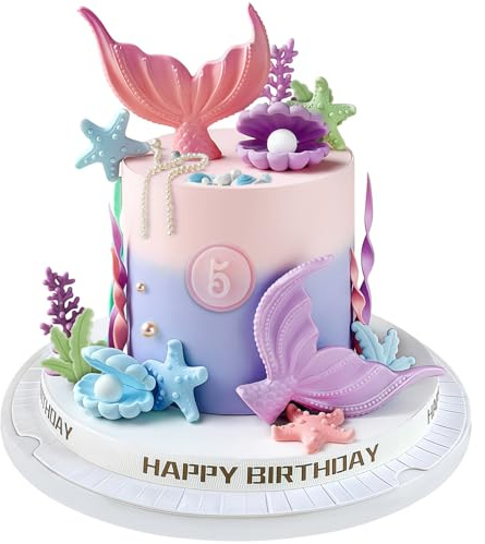 21PCS Mermaid Cake Decorations, Mermaid Tail Cake Toppers with Seaweed Shells Starfish Coralal Cake Decorations for Under the Sea Party Theme Birthday Party Supplies (Pink Purple)