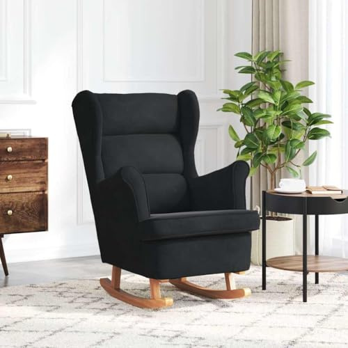 Refined Schaukelstuhl Ohrensessel Relaxsessel Schwarz Samt und Massivholz