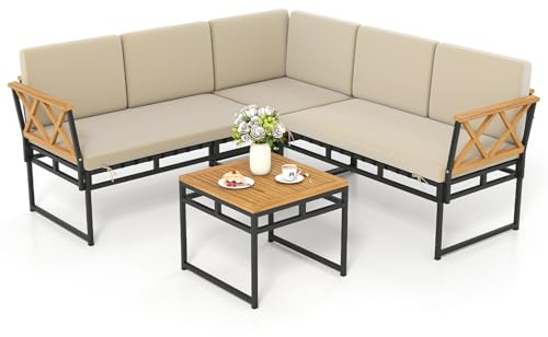 COSTWAY Lounge Möbel Outdoor, Gartenmöbel Set mit Sofa & Tisch, Gartenlounge, 4-teilige Balkonmöbel, Terrassenmöbel, inkl. Sitz- & Rückenkissen, Sitzgruppe für Garten, Terrasse, Balkon