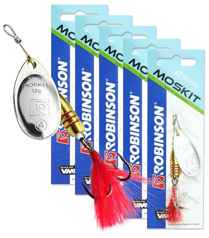 ROBINSON Spinner Angelköder 5er Set | für Hecht, Barsch, Zander & Forelle | Starke Druckwellen durch breites Metallblatt · VMC-Drilling auf Edelstahl · Feder am Haken · 5er Sparset