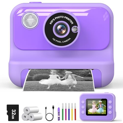 Cámara Instantánea Niños, 2.4'' Pantalla Camara Fotos Infantil Instantanea con Tarjeta 32GB y 3 Rollos de Papel, Regalo de Cumpleaños para Niños y Niñas de 3 a 12 Años
