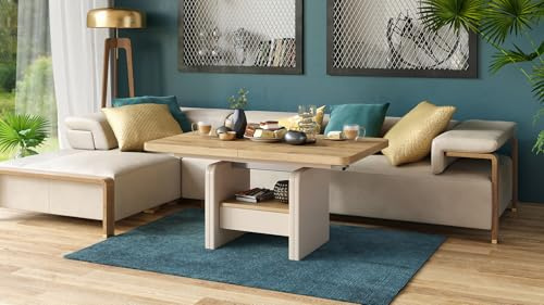 designimpex Lexus Couchtisch Eiche Artisan/Beige ausziehbar höhenverstellbar mit Schublade 120/180 cm modern Wohnzimmertisch Esstisch abgerundete Ecken Sofatisch platzsparend hochwertig Wohnzimmer