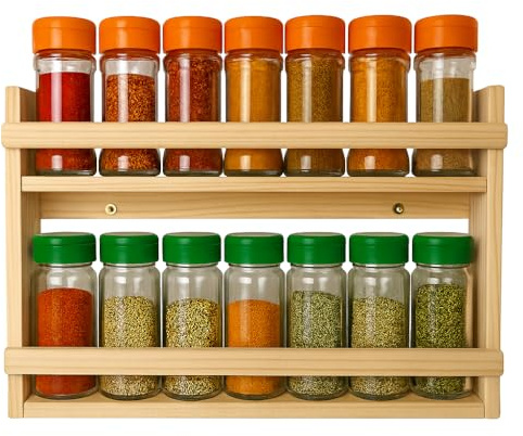 mimezo Especiero de Madera para Pared – 2 Niveles para 14 Botes estándar – Pino Macizo, Hecho a Mano – Incluye kit the montaje