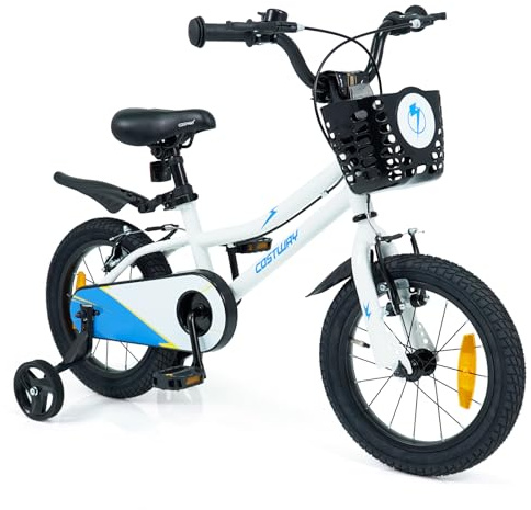 COSTWAY Kinderfahrrad 14/16 Zoll, Fahrrad mit verstellbarem Sattel & Lenker | Kinderrad mit Klingel, Korb, Schutzblech, V-Brake Bremsen & Stützrädern für 4-7 Jahren Jungen & Mädchen