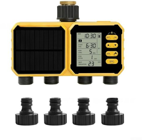 Startbuymore Minuteur d'arrosage automatique à énergie solaire 4 canaux en laiton avec capteur de pluie USB de sauvegarde planification personnalisée pour jardins, pelouses, serres, potagers