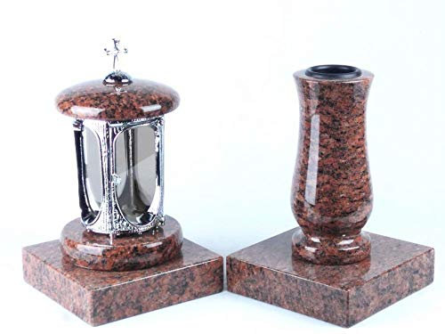 designgrab Grablampe aus verchromtem Aluminium mit Kreuz und Grabvase und 2 Stück Sockel eckig in Granit Vanga