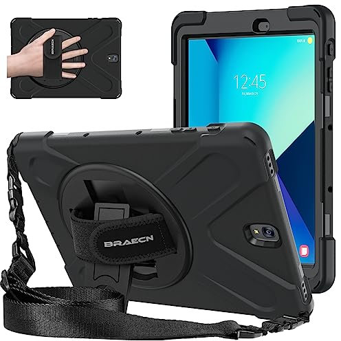BRAECNstock Schutzhülle für Samsung Galaxy Tab S3, 9.7 Zoll 2017 (SM-T820/T825/T827), strapazierfähig, stoßfest, Schultergurt, Samsung SM-T820 Tablet-Hülle für Kinder Schwarz