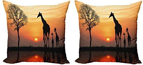 ABAKUHAUS Afrika Dekokissen Kissenbezug 2er Pack, Giraffe im Wilden Wald, Modern Accent Doppelseitiger Digitaldruck, 60x60, Orange Schwarz