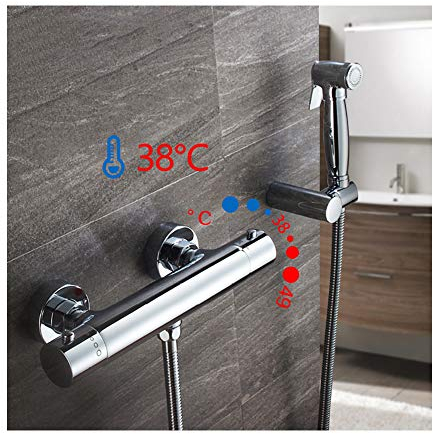 Thermostat Bidet Handbrause Verchromt Bidet Armaturen Wandhalterung Messing Bad Bidet WC-Sprühpistole für Persönliche Hygiene, Bodenreinigung