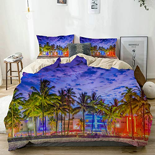 KOSALAER Bettwäsche Set,Miami Beach Florida USA auf Ocean Drive bei Sonnenuntergang,3 Teilig Bettbezüge Mikrofaser Bettbezug 135 x 200cm mit Reißverschluss und 1 Kissenbezug