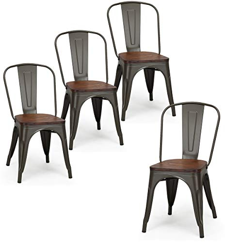 COSTWAY 4er Set Esszimmerstuhl, Bistrostuhl aus Metall mit Kissen aus Ulmenholz, Barhocker stapelbar mit Rückenlehne industriell, Metallstuhl bis 150kg belastbar (Braun)