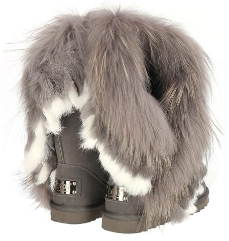 OOG Boots, Winterstiefel für kaltes Wetter für Frauen, Fell Pelz Langstiefeln echtes Leder Schuhe Winterstiefeln Boot, wasserdichte Schneeschuhe, ganztägiger Komfort, warm 8020 Grey, 39