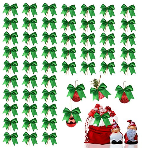 Yisscen Weihnachten Schleifen, 50 Stück Weihnachtsbaum Bogen Deko Schleifen, für Weihnachten, Hochzeit, Geburtstag, Weihnachtskranz Hängende Dekoration (Grün, mit Eisen Core Wire)