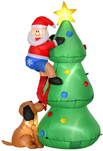HOMCOM Albero di Natale Gonfiabile 180cm con Babbo Natale, Cagnolino e Luci LED, Decorazione Natalizia da Esterno