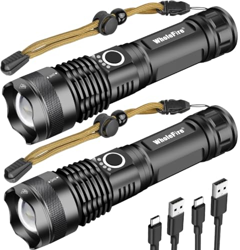 WholeFire LED Taschenlampe Wiederaufladbare USB 2 Stück, Extrem Hell 90000 Lumens XHP70.2 Zoombar Wasserdicht Leistungsstark 5 Modi Taschenlampen für Notbeleuchtung im Freien