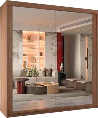 MN Furniture Double Sliding Doors Wardrobe Bedroom Furniture Cupboard Clothes Storage Organiser Hanging Rail Shelves (203 CM, WALNUT)