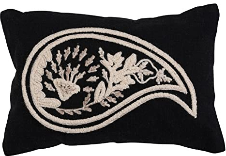 Woven Cotton Slub Lumbar Pillow with Embroidered Paisley