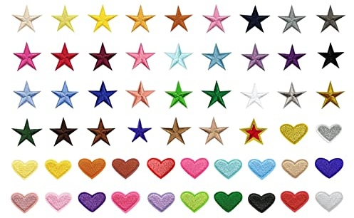Mini Aufbügeln Patches Sticker, 56pcs Selbstklebend Gestickter Herz Aufnäher Zum Aufbügeln Stern Aufbügler Bügelbild Aufbügelflicken Kinder DIY Bestickte Patches Sticker für T-shirt Jeans Kleidung
