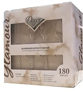 Decor Decorline - Ensemble de couverts et réutilisables en plastique durable - 180 pièces - 80 fourchettes, 40 couteaux, 40 cuillères et 20 Cuillières à café - Glamour Collection - Transparente