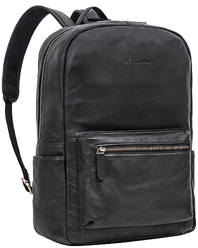 STILORD Quincy Lederrucksack mit Laptop-Fach 14-16 Zoll für Herren und Damen schwarz - ideal als Großer Arbeitsrucksack Vintage Schulrucksack Echtleder Uni-Rucksack