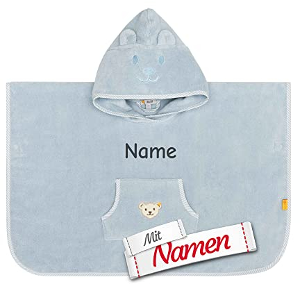 LALALO Steiff Poncho mit Namen personalisiert/bestickt, Baby Kinder Badetuch, Kapuzenbadetuch, Handtuch mit Kapuze