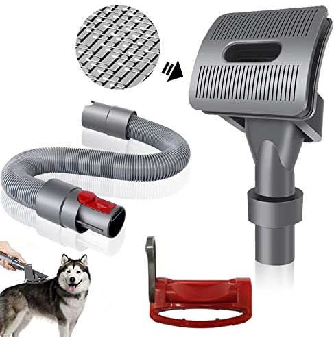 Set of 3 Groom Tool Pet Vacuum Attachment, TEPULAS Dog Vacuum Brush Compatible with Dys0n V15 V12 V11 V10 V8 V7 Vacuum Cleaners with Trigger Lock and Extended Vacuum Hose for Medium Large Cats Dogs