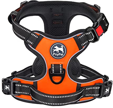 PoyPet Dog Harness Large, No Pull with Front Clip & Neck Release Buckle | No Choke, Lockable, 2 Leash D-rings, Adjustable Vest, Reflective, Oxford, Soft Padded Handle for Walking Training, XL, Orange