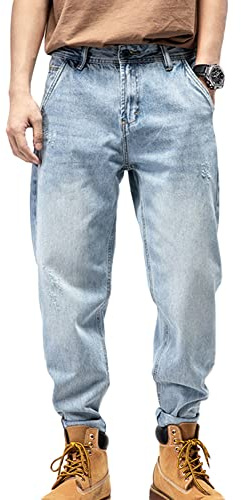 GUOCU Herren Jeans Hose Stretch Regular Fit Jeanshose Gerade Gewaschene Retro Jeans Bequeme Denim Hosen Karottenhose Freizeithose Lässige Lockere Haremshose für Männer