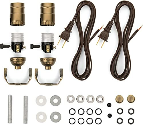 I Like That Lamp DIY Lamp Wiring Kit, Antique Brass 3-Way Socket & 12FT Brown Cord (2 Pack), for Making & Fixing Table or Floor Lamps, Repair & Rewire Vintage Lighting Fixtures, Complete Hardware Set