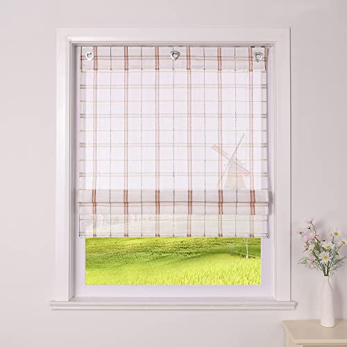 CORLIF Raffrollo ohne Bohren mit Ösen Transparente Raffgardinen Kariert Ösenrollo Landhaus Rollos Küche mit Karo Muster Kurze Fenster Gardine Plaid B/H 100/140 cm,Rot