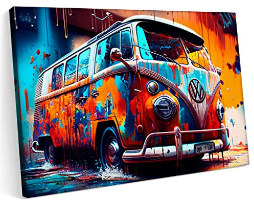 PRINTONIA Bilder Leinwandbild 120x80cm VW Volks Wagen T1 Gurke VAN Auto Abstrakte Kunst Kunst Neon