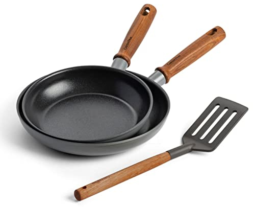GreenPan Mayflower Pro Ensemble de Poêles à Frire avec Revêtement Antiadhésif Céramique Sain avec Spatule, 20 cm et 24 cm, Lot de 2 Pièces, Manche en Bois Style Vintage, Sans PFAS, Induction, Bleu