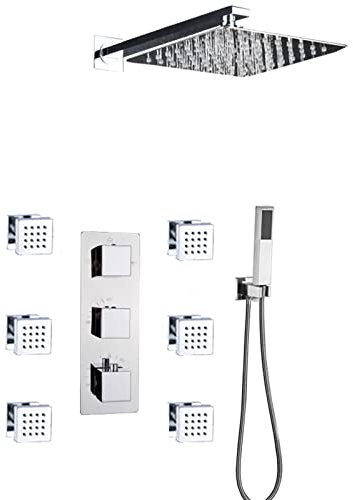 CAZARU Duschsystem, Thermostat, Unterputz-Duschkombination, Chrom-Finish, Duschmischbatterien, Set mit 6 Seitenbrausen mit Messing-Handbrause und Wasserfall-Regendusche, 20,3 cm