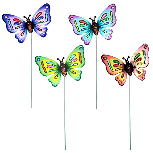 Lioaeust 4 x Garten-Schmetterlinge, Schone, Metall-Schmetterling, Gartenstecker, bunte Schmetterlinge für Garten, Dekoration, Kunst, Ornament, Outdoor-Dekoration