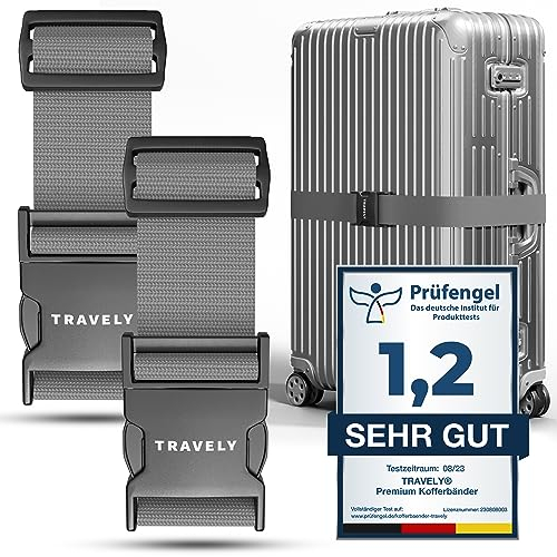 Travely® Premium Koffergurt - Besonders Auffällig & Sicher - Inkl. 2 Namensschildern - Kofferband ideal über Kreuz - [2er Set] - Grau